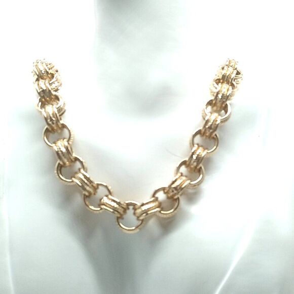 Cable Link Chain Necklace Textured & Smooth Interwoven Round Links Gold-tone - Picture 4 of 12